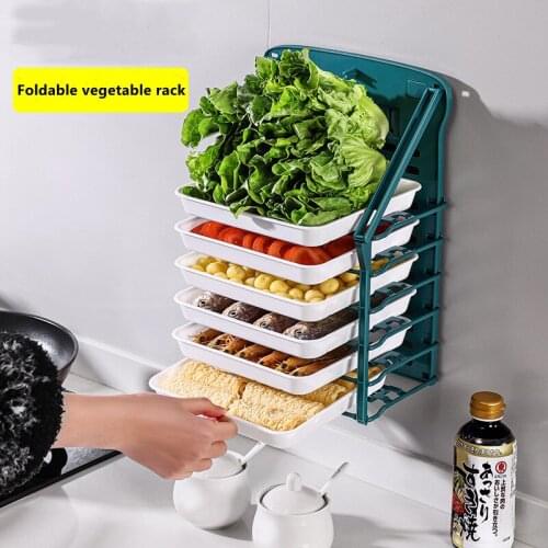 Foldable Kitchen Rack Wall-Mounted Side Dish Vegetable Rack Free Perforation Multifunctional Kitchen Accessories Household