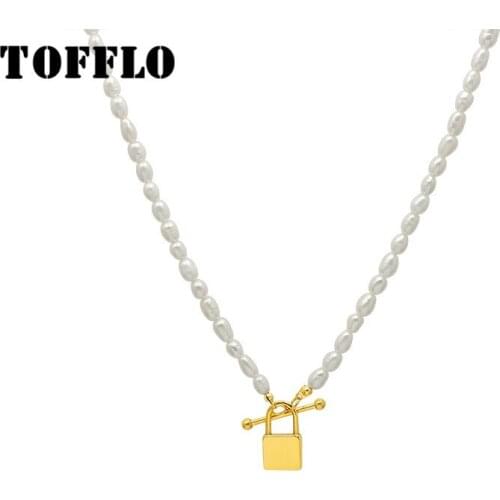 TOFFLO Stainless Steel Jewelry OT Button Natural Freshwater Pearl Necklace Womens Lock Pendant Elegant Clavicle Chain BSP90