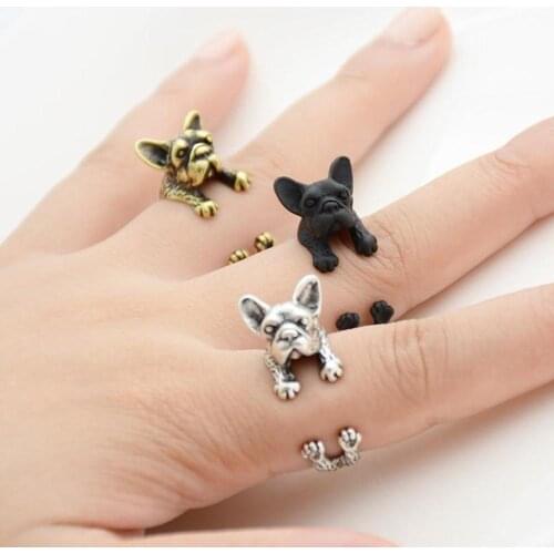 Vintage Boho Chic French Bulldog Finger Ring Anel Bijoux Brass Knuckle Animal Dog Ring For Women Men Jewelry