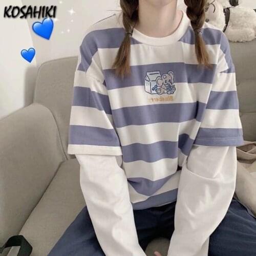 KOSAHIKI Japanese Kawaii Casual Striped Tee Shirt O Neck Fake Two Piece Harajuku Women Tops Cute Patchwork Loose Tshirt 11a162