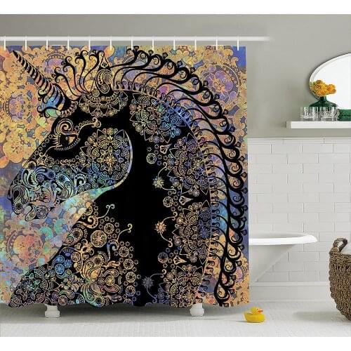 Unicorn Shower Curtain Fairytale Unicorn Profile with Ethnic Circular Mandala and Flower Boho Motif Artwork Bath Curtains