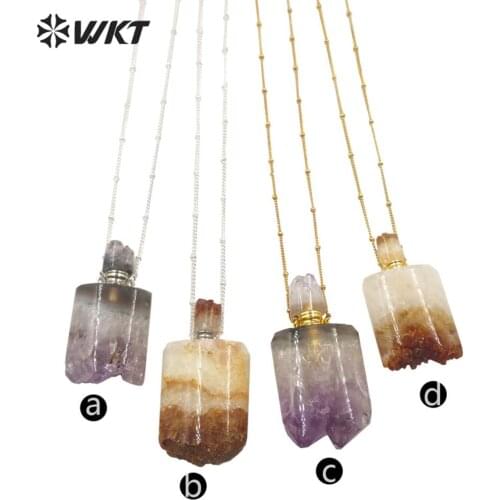WT-N1195 Lux polish natural a methyst quartz stone perfume bottle necklace women gorgeous raw perfume necklace 1 PC