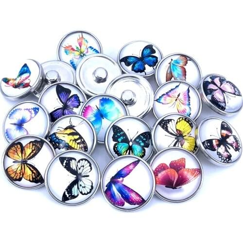 20pcs/lot 18mm 20mm Colorful Butterfly Pattern Glass Cabochon Snap Buttons for DIY Bracelet Necklace Glass Charms Findings N008