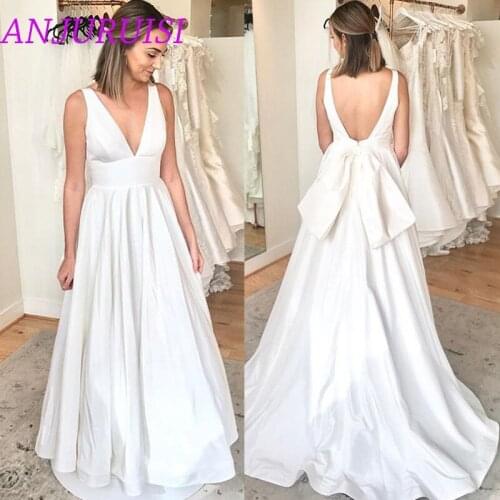 ANJURUISI Simple Backless Wedding Dresses 2020 V Neck Sleeveless With Bow Satin A Line Bridal Gown Wedding Gowns robe de mariee