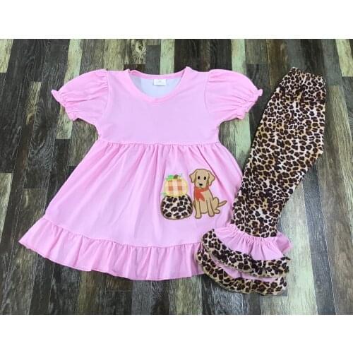 Boutique girl pink lace dress embroidered pumpkin cute dog dress blouse leopard print pants suit