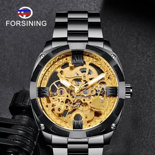FORSINING hollow Design Stainless Steel Luxury Male Wristwatch Automatic Mechanical Male Clock relogio masculino