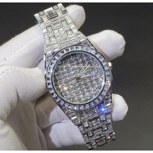 Hiphop MISSFOX Mens Watches Top Brand Luxury Full Baguette Diamond Iced Out Steel Waterproof Man Watch Clock Relogio Masculino