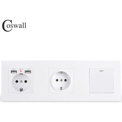 COSWALL Double Wall EU Socket With 2 USB Charge Port Hidden Soft Backlight + 1 Gang 1 Way On / Off Rocker Light Switch PC Panel