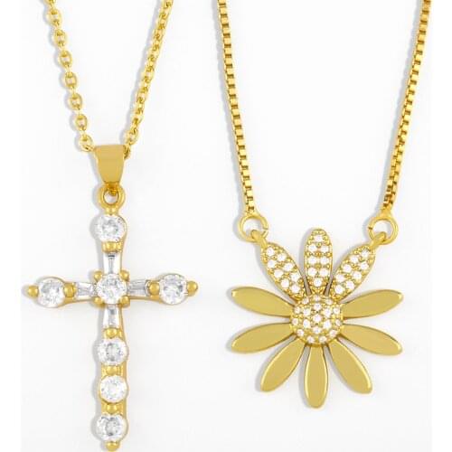 FLOLA Gold Chain Cross Necklace For Women With Stone Crystal Daisy Flower Pendant Necklace Zirconia Simple Jewelry Gifts nkes27