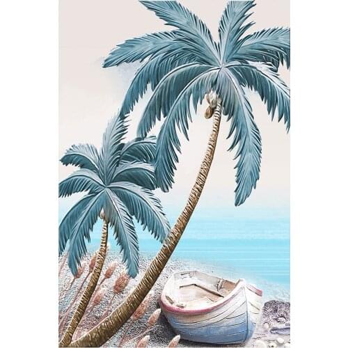 Coconut Tree Beach Ocean Boat Diamond Painting Scenery Round Full Drill DIY Mosaic Embroidery 5D Cross Stitch Scenic Picture