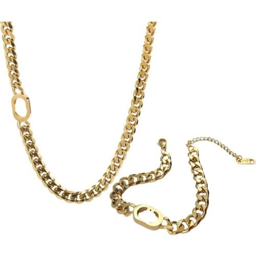 316L Stainless Steel Thick Chain Double D Letter Titanium Steel Necklace Bracelet Set Female Hip Hop Short Jewelry Set