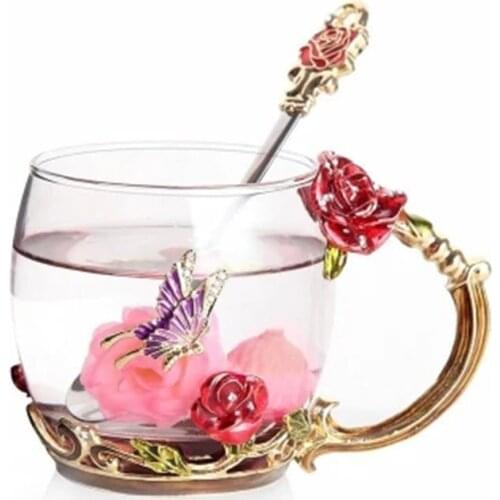 Red Rose Enamel Color Crystal Glass Tea Cup High-grade Butterfly Flower Glass Coffee Mugs perfect Lovers Gift Souvenir F2