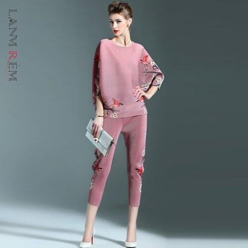 LANMREM 2021 Spring Summer Vintage Set Womens Two Piece Pleated Printing Suit Round Neck Middle Sleeve Top Slim Pants 2D1642