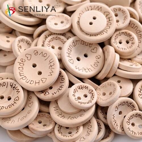 Hot 15mm20mm25mm 2Holes Natural Color Wooden ButtonsHandmade With LoveTags30-100Pcs Wood Sewing Accessories For Craft DIY Mixed