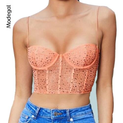 Modegal Womens Rhinestone Spaghetti Strap Hook See Through Sleeveless Slim Fit Camisole Crop Top