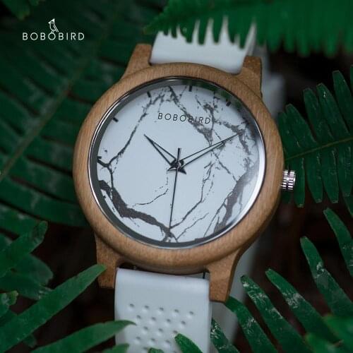 BOBO BIRD Wooden Watch Men Marble Style Dial Quartz Wristwatch Silicone Strap Dropshipping In Gift Box relogio masculinon