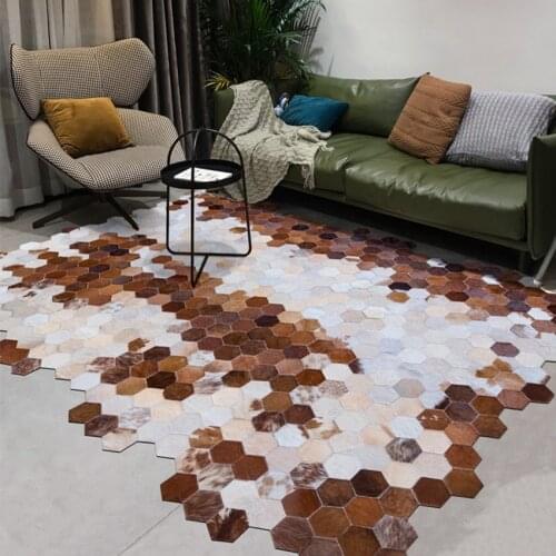 American style irregular shaped genuine cowhide skin fur patchwork rug , real cows skin diamond plaid carpet villa rug