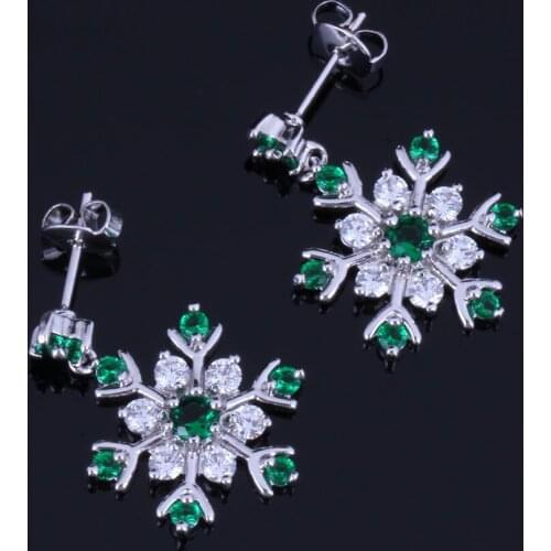 Unusual Snowflake Green Cubic Zirconia White CZ Silver Plated Drop Dangle Earrings V1022