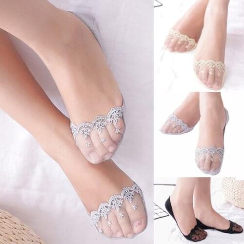 2 Pairs Womens Slippers Socks Invisible Boat Mesh Lace Thin Short Socks Female Summer Ankle Silicone No Show Socks Non-slip