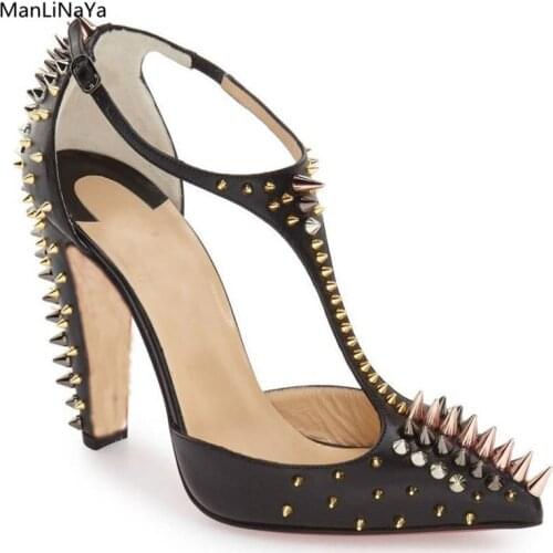 Newest Spikes Strange Style Heel Women Pumps Mixed Colors Rivet Woman High Heels Genuine Leather Studs Runway Female Party Shoes