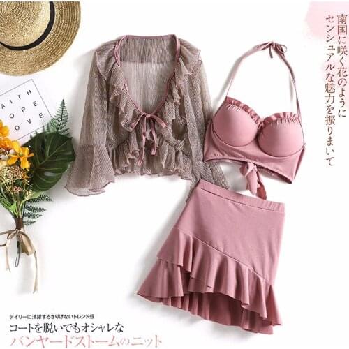 2020 New pink backless one-piece ruffled side bikini tulle polka dot perspective sun smock ladies beach two-piece bikini