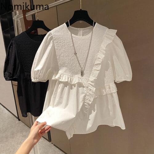 Nomikuma 2021 New Women Doll Shirt Korean Ruffle Patchwork Sweet Blouse Causal Puff Short Sleeve O-neck Blusas Feminimos 6H275