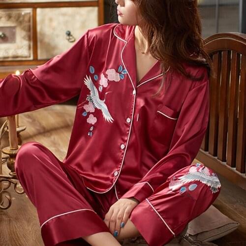 NewSpring And Autumn Pajamas, Long-Sleeved Trousers, Imitation Silk, Pure Color, Loose Large Size Home Service Suit, Simple
