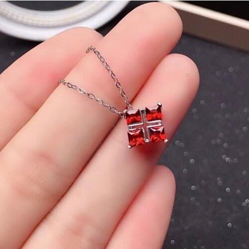 Simple Silver Square Gemstone Pendant 3mm Natual Garnet Pendant Fashion 925 Silver Garnet Necklace Penant