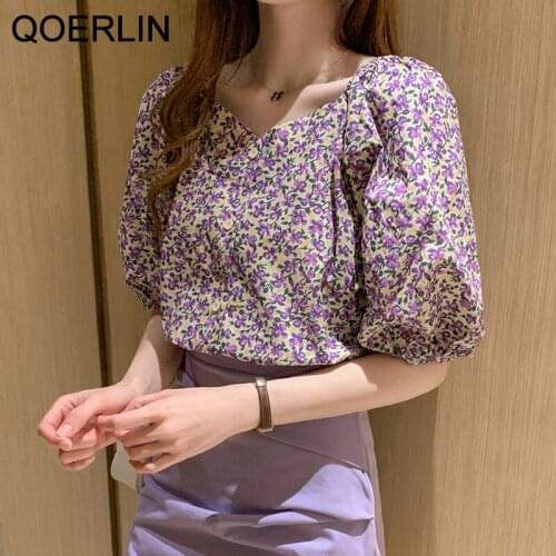 QOERLIN 2021 Summer New Korean All-match Lantern Sleeve Print Floral Shirt Womens Short Top Summer Single-Breasted Blouse Girly