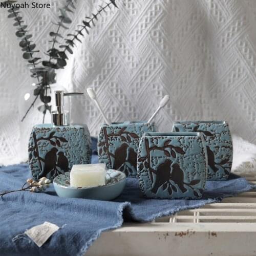 Retro Ceramic Bathroom Supplies Ceramic Toothbrush Cup Mouthwash Cup Lotion Bottle Bathroom Kit Bathroom Decoration Accessories