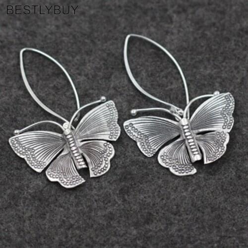BESTLYBUY Silver Butterfly Chiang Mai 925 Sterling Silver Earrings exaggerated retro lady to create handmade silver wholesale