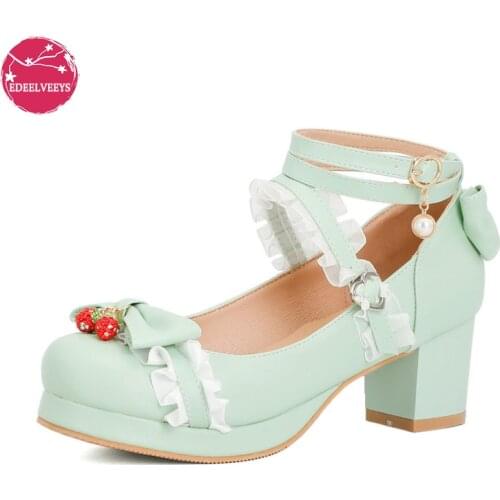 Women Cute Lolita Cosplay Shoes Bow Mid Chunky Heel Heart Strap Platform Mary Jane Pumps Kawaii Sweet School Girl Strawberry