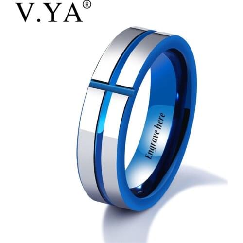 V.YA Unique Tungsten Men Cross Rings Wedding Engagement Promise Band Blue Color DIY Custom Male Jewelries Party Gifts Drop Ship