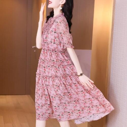 High Quality Silk Women Dress Pink Print Floral Woman Dresses Korean Style Casaul Party Women Clothing Vestido De Mujer WPY3623