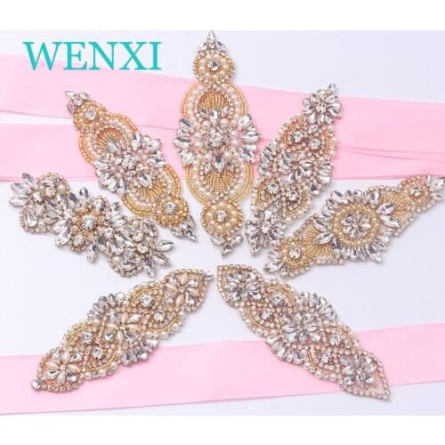 WENXI (30PCS)Wholesale Handmade Wedding Bridal GOLD Clear Rhinestone Appliques Sewing On Wedding Dress Belt DIY Bridal Accessory