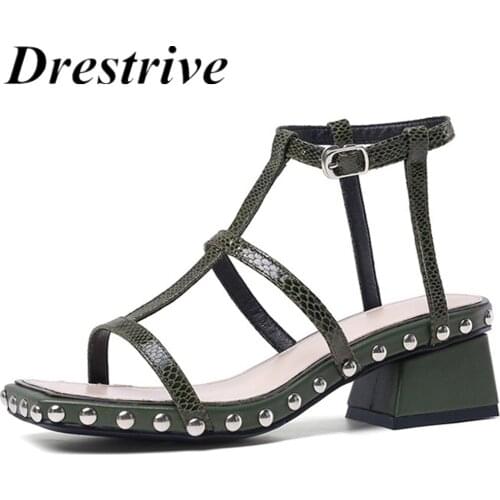 Drestrive 2020 Summer Genuine Leather Rivet Buckle Women Sandals Mid Thick Heels 5 cm Square Toe Girls Casual Shoes
