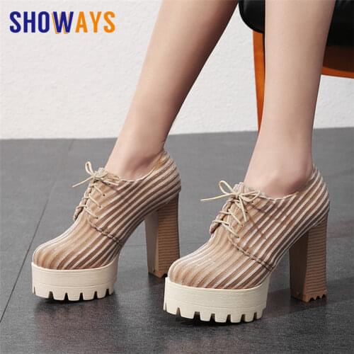 British Women Platform Pumps Pink Strip Flock Pleuche Round Toe Chunky Block High Heel Derby Retro Casual Lace-up Oxford Brogues