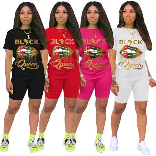 2021 New Women Sport Black Queen Lips Two Piece Set T-shirt Tops Knee Length Jogger Sweatpant Suit Tracksuit Set Outfits