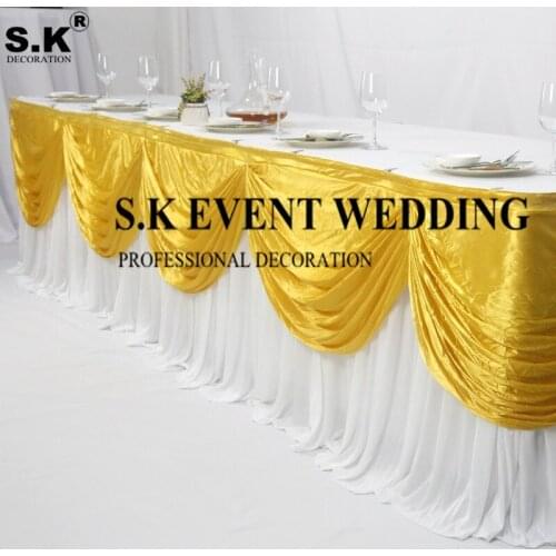 10FT Long White Ice Silk Table Skirt Table Cloth Skirting With Color Swag Drape For Wedding Event Banquet Decoration