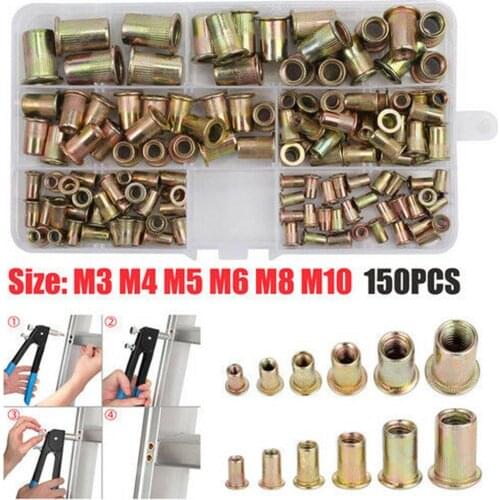 150Pcs Multi Sizes Carbon Steel Rivet Nuts Flat Head Rivet Nuts Insert Threaded Nut M3 M4 M5 M6 M8 M10 With Box Set