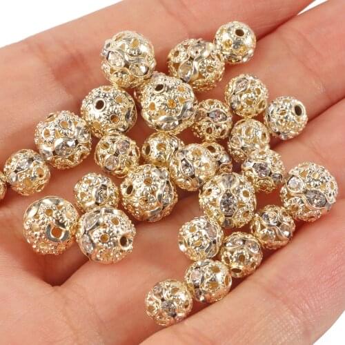 50pcs/lot Light Gold Plated Glass Rhinestone Ball Bead imitate Crystal Round Spacer Loose Beads For Bracelet Jewelry Making
