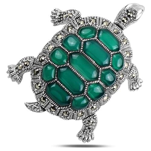 Silver 925 Sterling Turtle Natural Stone & Marcasite Brooch & Pendant