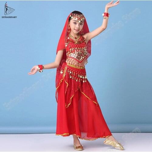 Kids Indian Bollywood Girls Dance Clothing Children Belly Dance Costumes Set Dresses Chiffon Coin Performance Top Belt Skirt