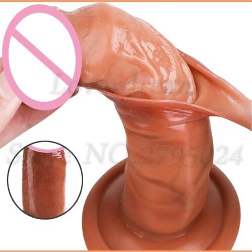 Skin feeling Realistic Foreskin Dildo Huge Big Penis Dick With Suction Cup Sex Toys for Woman Strapon Female Vagina Masturbation