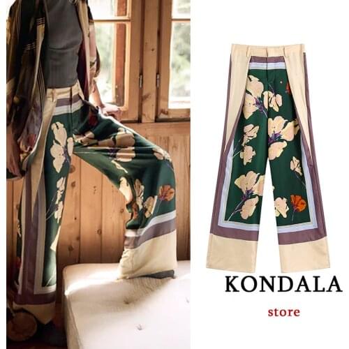KONDALA Za 2021 Vintage Chic Floral Spliced Long Pants High Waist Single Button Wide Leg Satin Fashion Autumn Pants