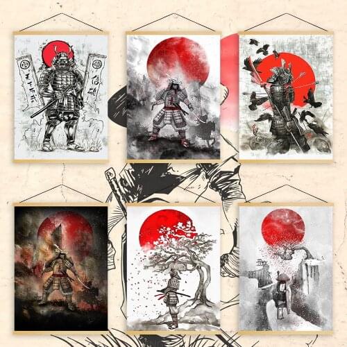Canvas Home Decoration Japan warrior Poster Print Pictures Wall Artwork Wooden Scroll Retro Hanging Painting Bedside Background