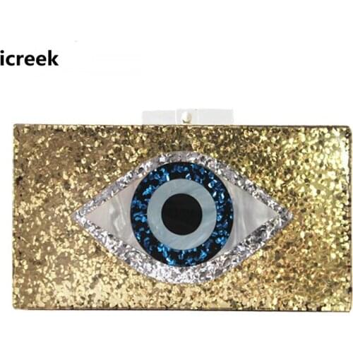 New Style brand fashion Golden eye sequin patchwork clutch purse luxury party acrylic evening bag bling bling women handbags box