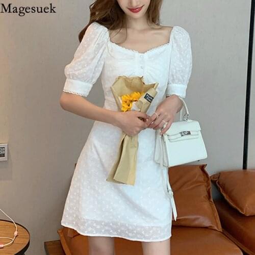 Square Collar Floral Lace Sundress Women Korean Puff Sleeve Casual Party Dress Vintage Elegant Embroidery Summer Dress 15338