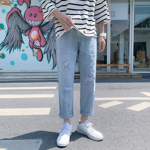 Men casual jeans summer thin section ankle length pants fashion washed distressed straight-leg jeans male denim trousers