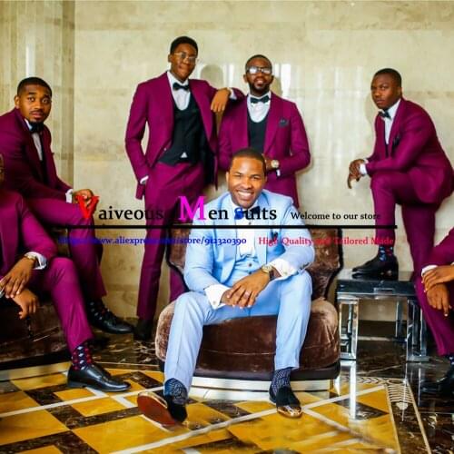 2021 Newest Groomsmen Prom Suits Light Blue Slim Fit Tuxedo Men Best Man Blazer Bridegroom Wedding 3 Pieces (Jacket+Pants+Vest)